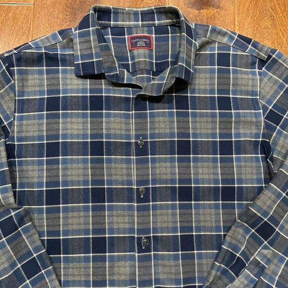 UNTUCKit Casual Fit Button Front Plaid Navy Blue Cotton Shirt Men's Size Large - Picture 2 of 10